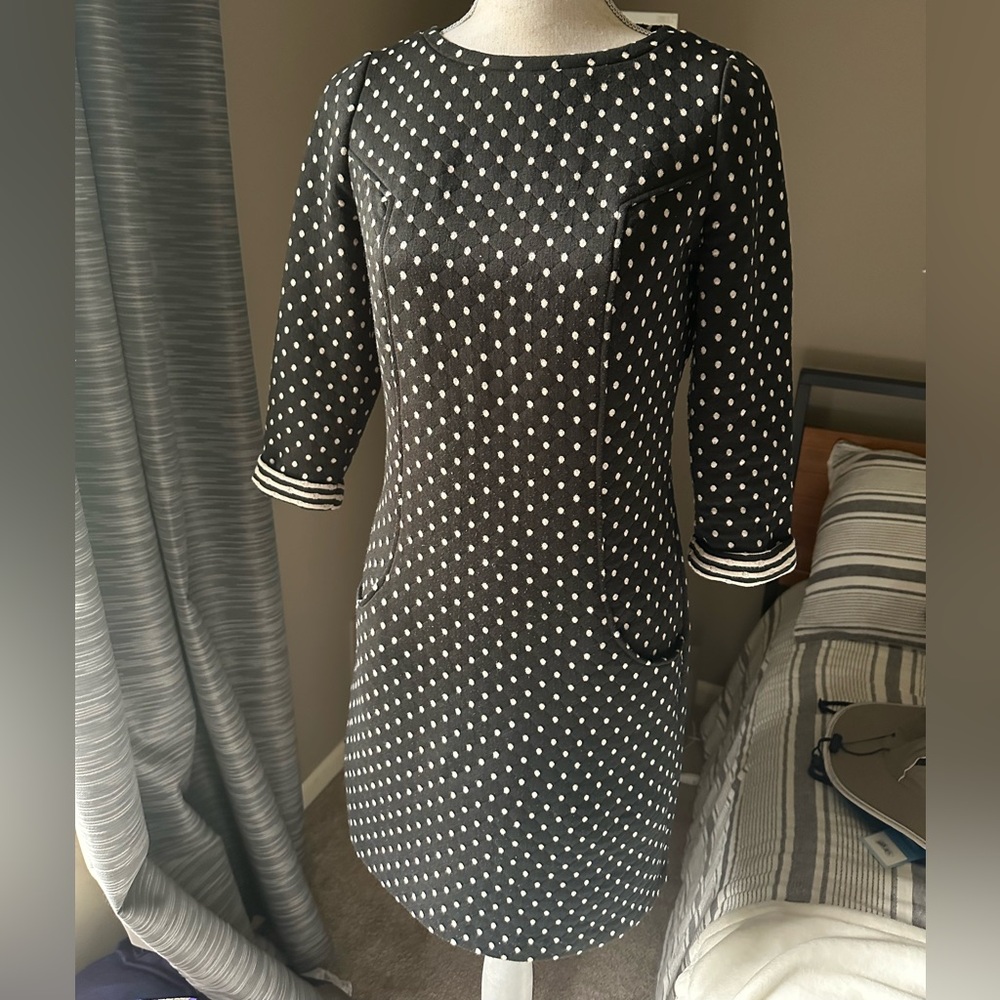 Boden Black and Beige Polka Dot 3/4 Sleeve mini Dress, 4R